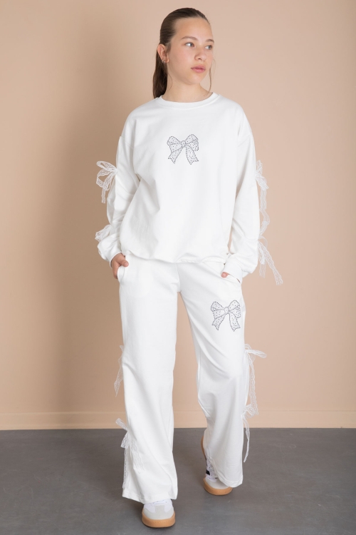 Ekru Yanları Fiyonk Detaylı Geniş Paça Kız Çocuk Eşofman Takımı 21197