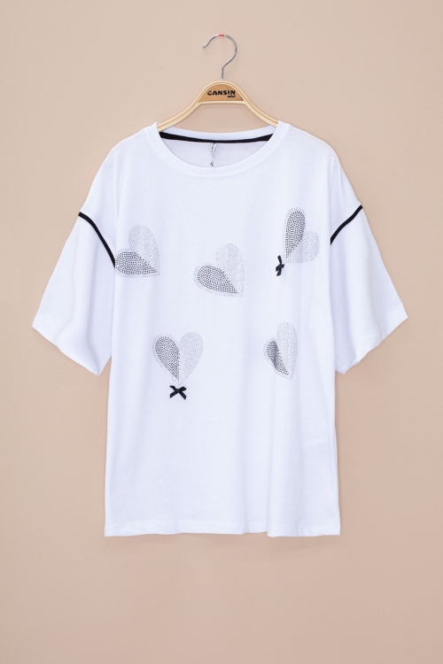 Ekru Kolu Şerit Detaylı Payetli Kız Çocuk Oversize Tişört 20812