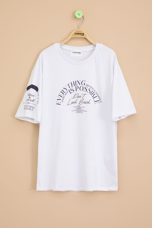 Ekru Kolu Yazı Detaylı Bisiklet Yaka Erkek Çocuk Tişört 20900