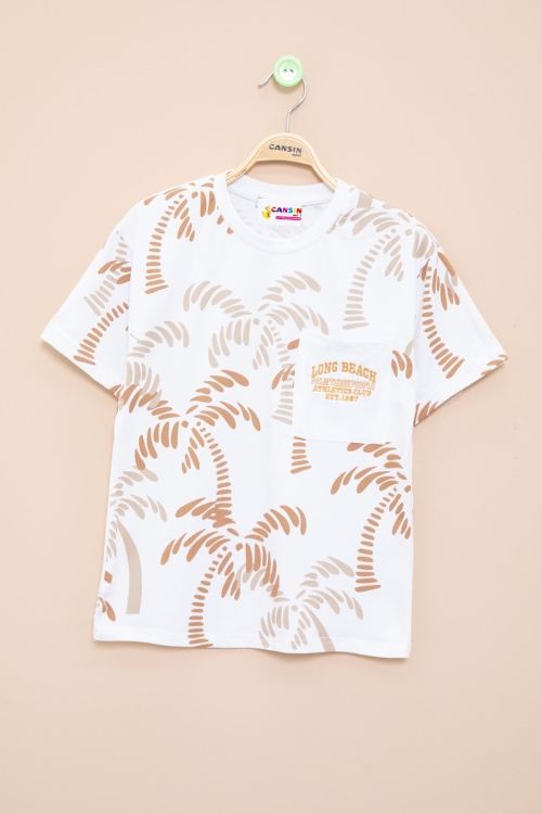 Ekru Palmiye Desenli Yazılı Cepli Erkek Çocuk Bisiklet Yaka Tişört 20932