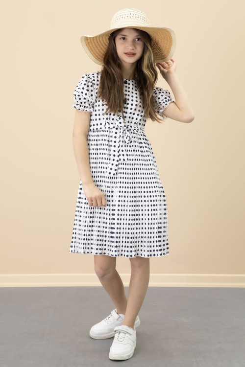 Ekru Puantiyeli Kız Çocuk Kuşaklı Kısa Kol Elbise 20651