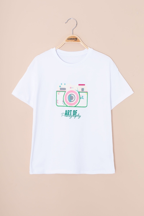 Ekru Sırtı Yazılı Fotoğraf Baskılı Kız Çocuk Bisiklet Yaka Tişört 20980