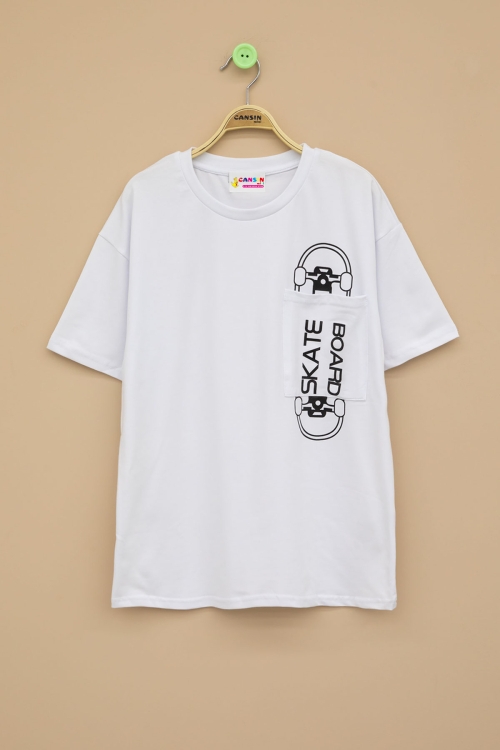 Ekru Skateboard Baskılı Cepli Erkek Çocuk Bisiklet Yaka Tişört 20912