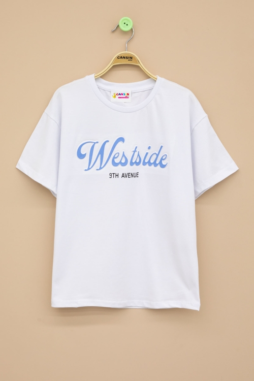 Ekru West Side Kabartmalı Yazılı Kız Çocuk Bisiklet Yaka Tişört 20976