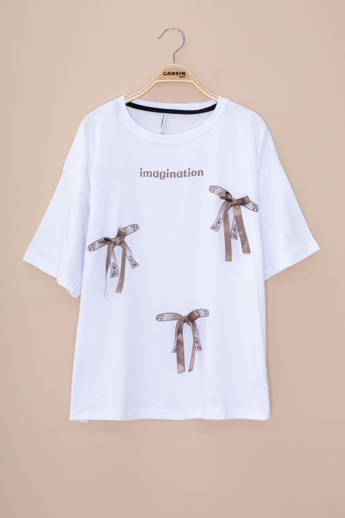 Ekru Yazı Baskılı Fiyonklu Kız Çocuk Kısa Kol Oversize Tişört 20802