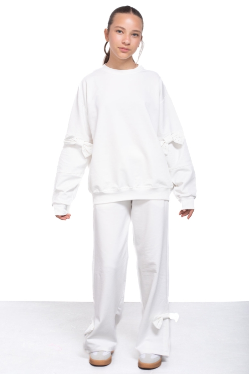 Ekru Yırtmaçlı Paça Fiyonk Detaylı Kız Çocuk 2li Eşofman Takımı 21213