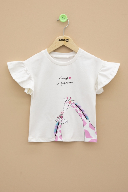 Ekru Zürafa Baskılı Fırfırlı Kız Bebek Kısa Kol Tişört 20992