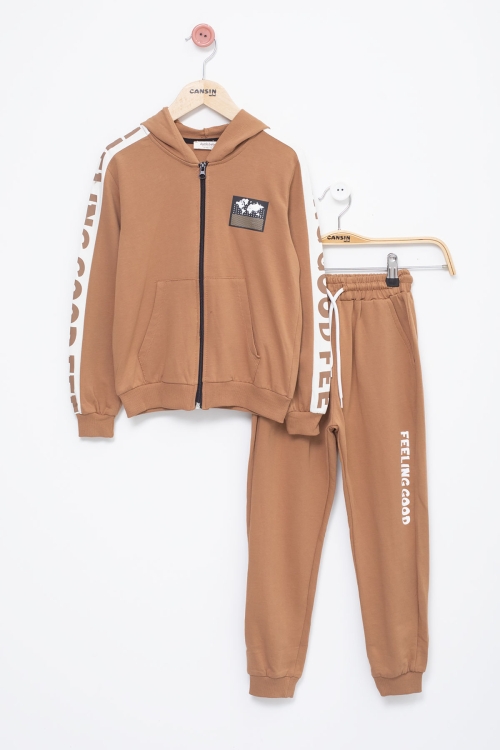 Erkek Çocuk Kahve Şerit Yazılı Kapüşonlu Hırkalı Eşofman Takımı 18774