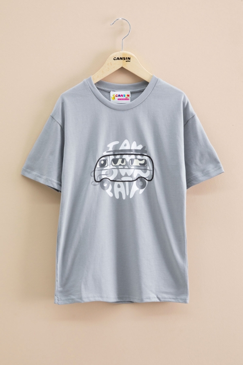 Füme Araba Baskılı Bisiklet Yaka Erkek Çocuk Kısa Kol Tişört 20923