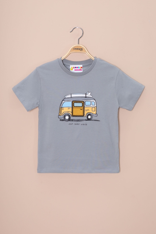 Füme Araba Baskılı Nakış Detaylı Erkek Çocuk Bisiklet Yaka Tişört 20955