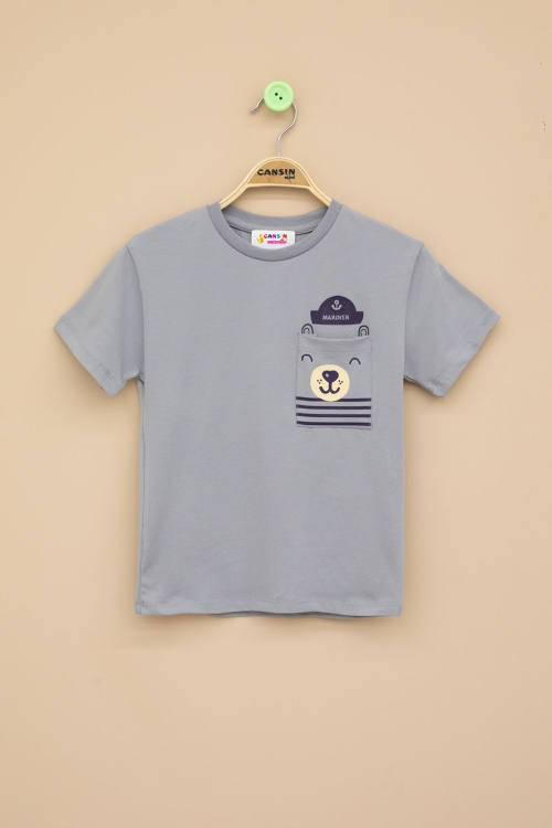 Füme Ayıcık Baskılı Cepli Erkek Bebek Tişört 20936