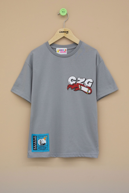 Füme Kaykay Baskılı Yazılı Erkek Çocuk Bisiklet Yaka Tişört 20919