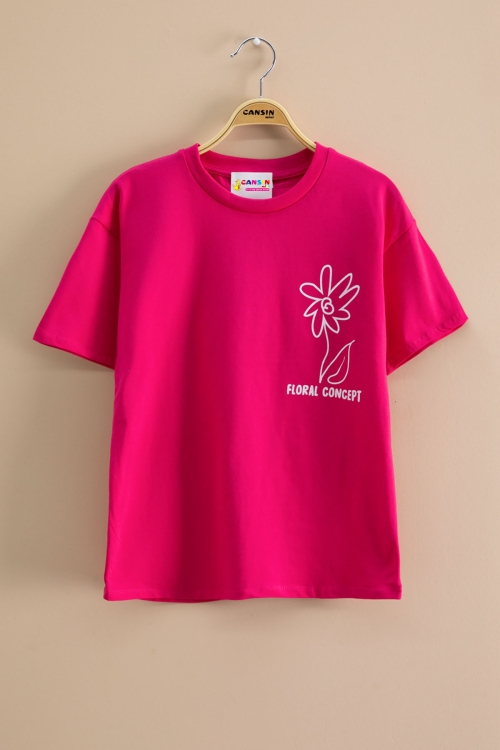 Fuşya  Çiçek Baskılı Sırtı Yazılı Kız Çocuk Bisiklet Yaka Tişört 20968