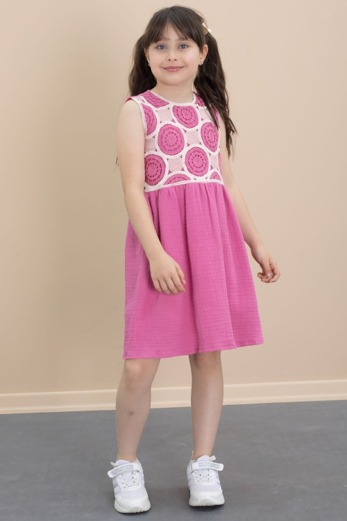 Fuşya Dantel İşlemeli Sıfır Kol Kız Çocuk Müslin Kumaş Elbise 21024