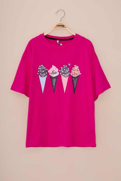 Fuşya Dondurma Baskılı Taşlı Kız Çocuk Kısa Kol Oversize Tişört 20796