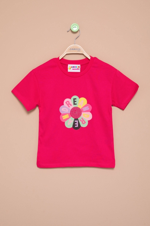 Fuşya Dream Baskılı Payetli Kız Çocuk Kısa Kol Tişört 21004
