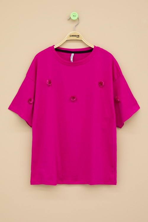 Fuşya Gül Nakış Detaylı Kısa Kol Kız Çocuk Oversize Tişört 20806