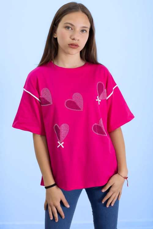 Fuşya Kolu Şerit Detaylı Payetli Kız Çocuk Oversize Tişört 20811