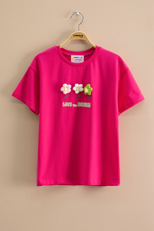 Fuşya Papatya Nakışlı Bisiklet Yaka Kız Çocuk Tişört 20983