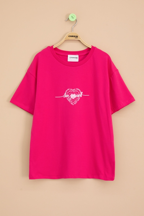 Fuşya Sırtı Kalp Baskılı Yazılı Kız Çocuk Bisiklet Yaka Tişört 20969