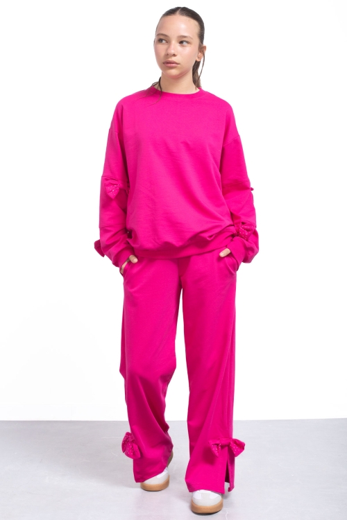 Fuşya Yırtmaçlı Paça Fiyonk Detaylı Kız Çocuk 2li Eşofman Takımı 21212