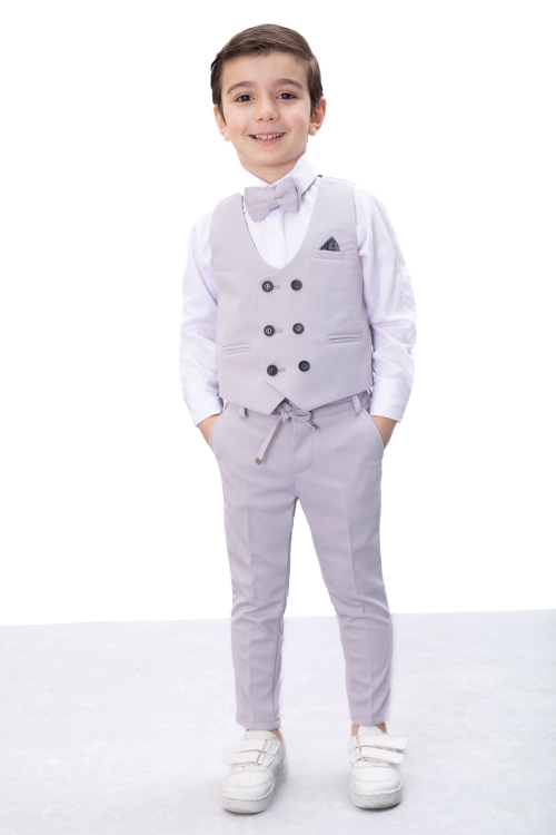 Gri Düğmeli Yelekli Papyonlu Gömlekli Erkek Çocuk 4lü Takım Elbise 20544