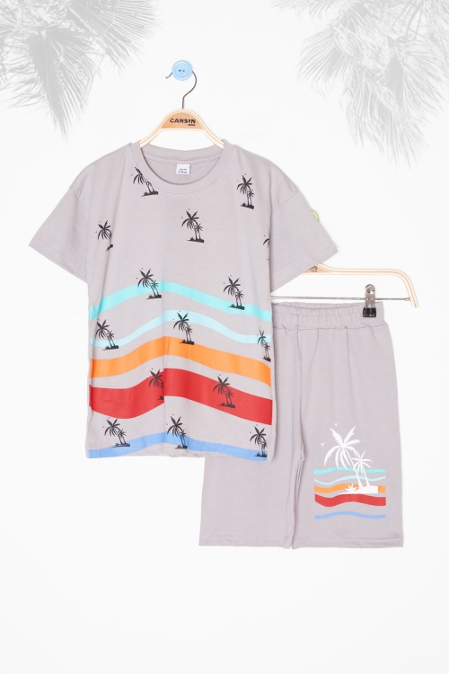 Gri Palmiye Desenli Bisiklet Yaka Erkek Çocuk Şortlu Takım 20630