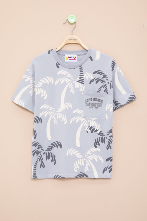 Gri Palmiye Desenli Yazılı Cepli Erkek Çocuk Bisiklet Yaka Tişört 20930