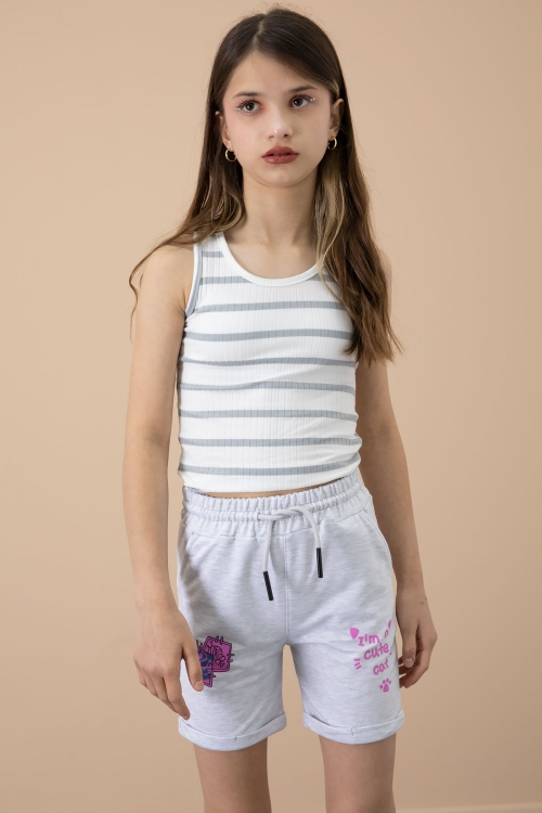 Gri Patili Cute Baskılı Kız Çocuk Beli Lastikli Şort 20727