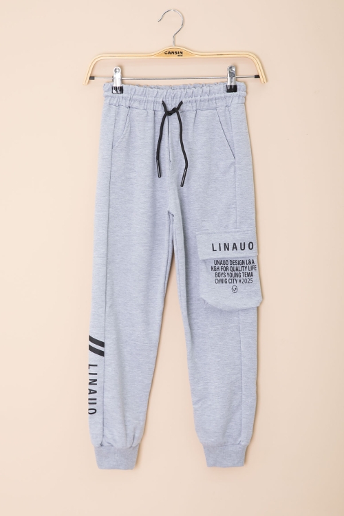 Gri Yazı Baskılı Cepli Erkek Çocuk Beli Lastikli Eşofman Altı 20203