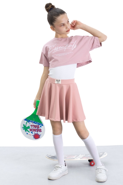 Gül Kurusu Beli Lastikli Fitilli Kız Çocuk Tenis Eteği 21042