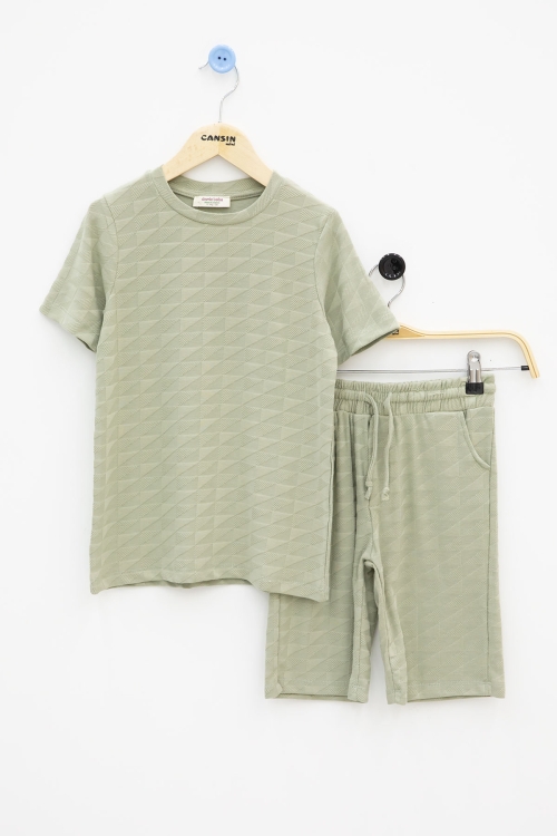 Haki Kare Desenli Bisiklet Yaka Tişörtlü Erkek Çocuk Şortlu Takım 20783