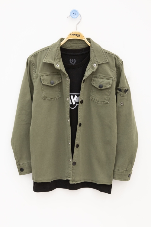 Haki Keten Gömlekli Bisiklet Yaka Baskılı Tişörtlü Erkek Çocuk 2li Takım 20256