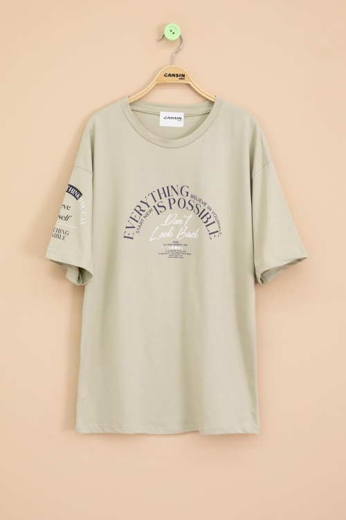 Haki Kolu Yazı Detaylı Bisiklet Yaka Erkek Çocuk Tişört 20903