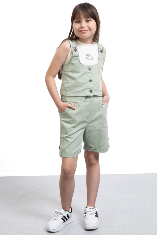 Haki Sıfır Kol Badili Düğmeli Yelekli Kız Çocuk 3lü Şortlu Takım 21035