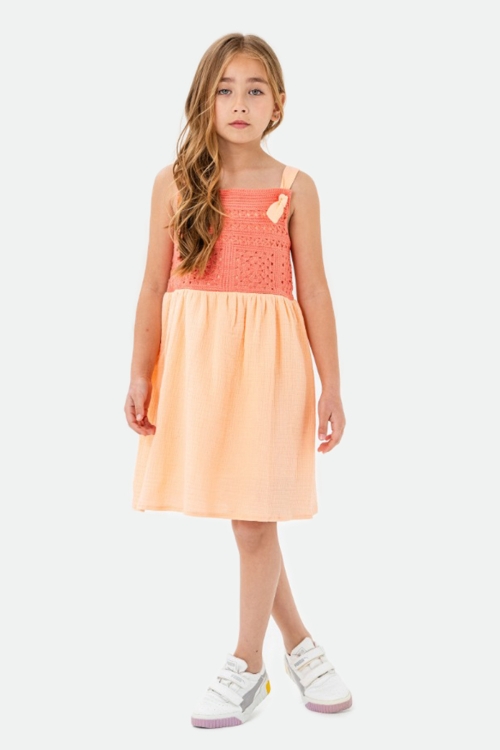 Turuncu Dantel Detaylı Müslin Kız Çocuk Elbise 21085