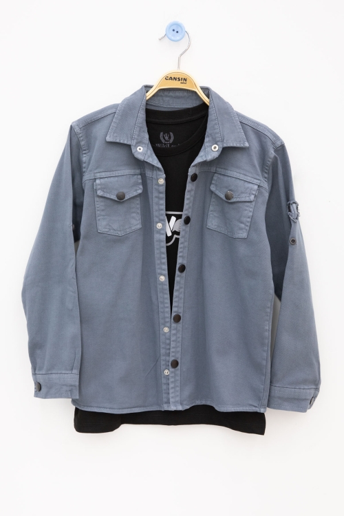 İndigo Keten Gömlekli Bisiklet Yaka Baskılı Tişörtlü Erkek Çocuk 2li Takım 20259