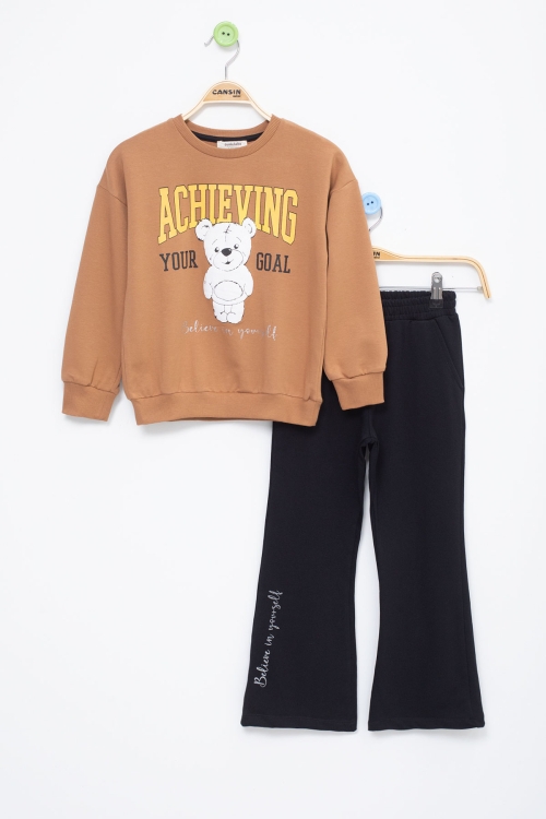 Kahve Ayıcık Baskılı İspanyol Paça Pantolonlu Kız Çocuk Takım 18571