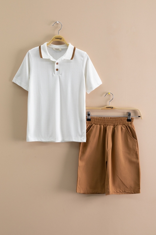 Kahve Çizgi Desenli Polo Yaka Düğmeli Erkek Çocuk Şortlu 2li Takım 21115