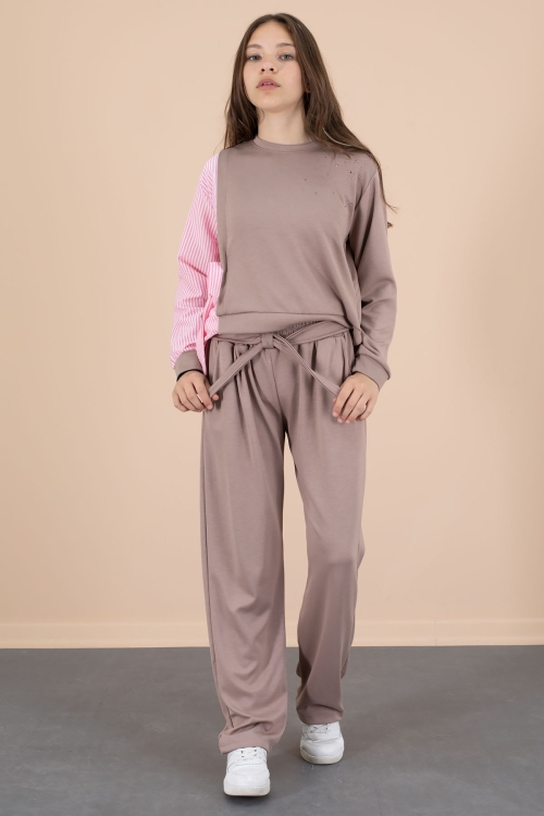 Kahve Çizgi Desenli Taş Detaylı Bluzlu Kız Çocuk Kuşaklı Pantolonlu 2li Takım 20660