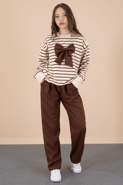 Kahve Çizgili Sweatshirt Kuşaklı Pantolonlu Kız Çocuk Takım 20654