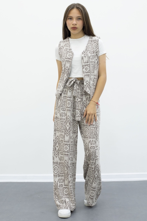 Kahve Desenli Düğmeli Yelekli Geniş Paça Kuşaklı Pantolonlu Kız Çocuk 2li Takım 21012