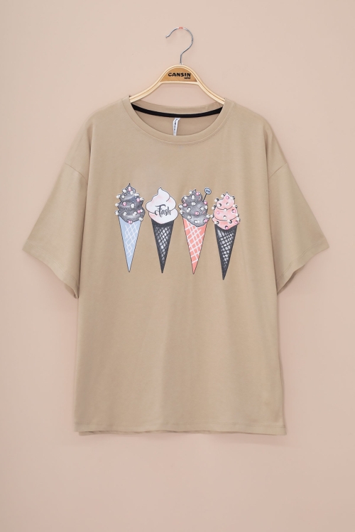 Kahve Dondurma Baskılı Taşlı Kız Çocuk Kısa Kol Oversize Tişört 20795