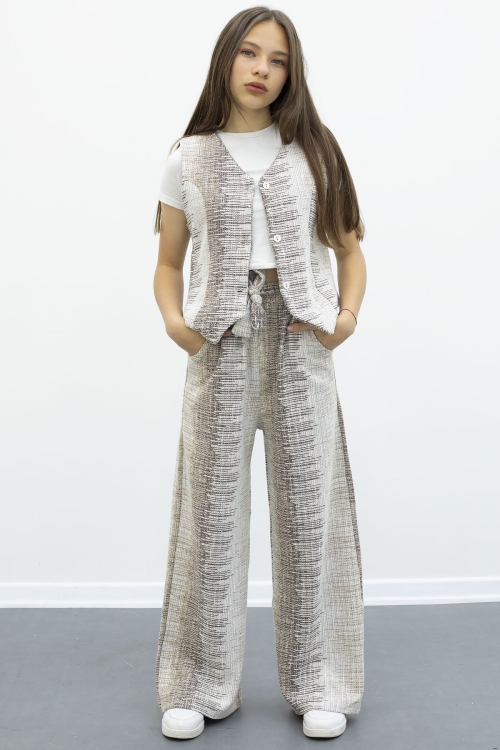 Kahve Düğmeli Yelekli Geniş Paça Kuşaklı Pantolonlu Kız Çocuk 2li Takım 21014