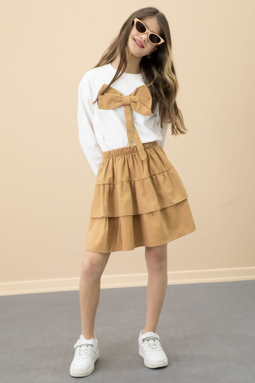 Kahve Fiyonklu Badili Kız Çocuk Etekli 2li Takım 20686