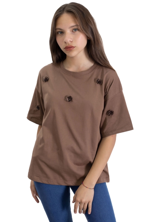 Kahve Gül Nakış Detaylı Kısa Kol Kız Çocuk Oversize Tişört 20808