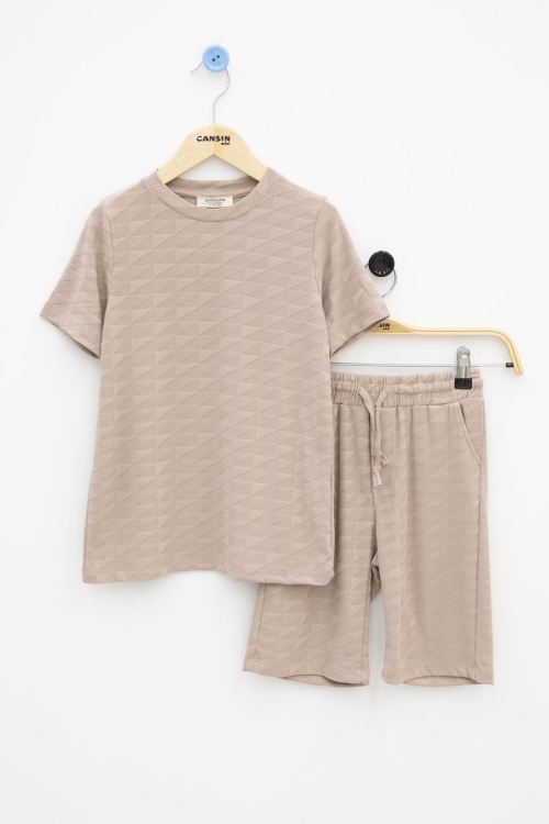 Kahve Kare Desenli Bisiklet Yaka Tişörtlü Erkek Çocuk Şortlu Takım 20784