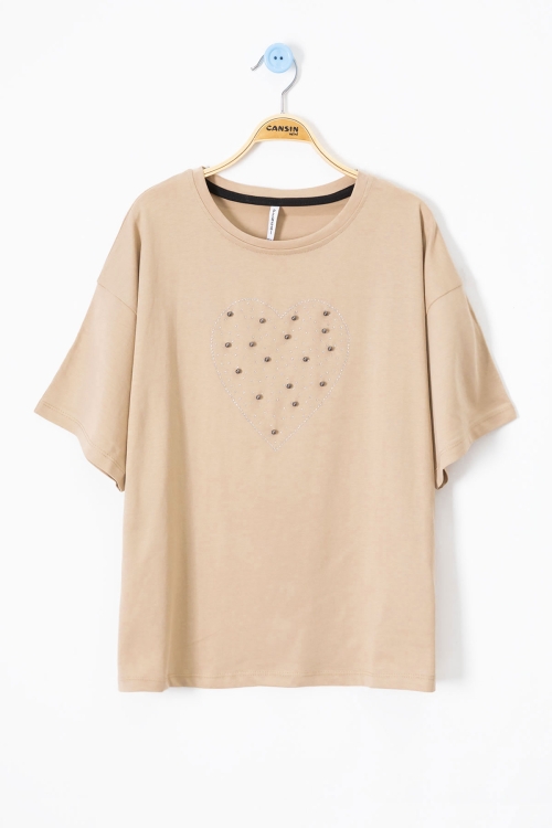 Kahve Payetli Kalp Desenli Kısa Kol Kız Çocuk Oversize Tişört 20790