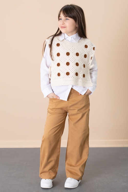 Kahve Puantiyeli Süveterli Pantolonlu Kız Çocuk Gömlekli 3lü Takım 20684