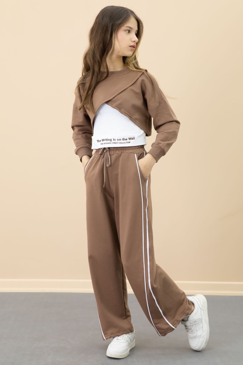 Kahve Şerit Detaylı Geniş Paça Croplu Kız Çocuk 3lü Takım 20702